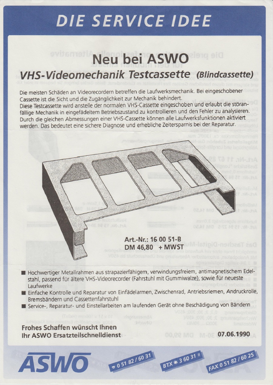 ASWO VHS-Videomechanik Testcasette 07.06.1990
